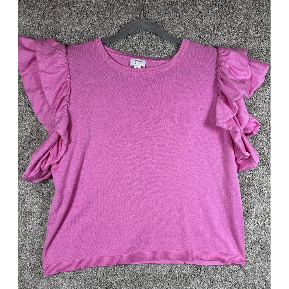 Crown & Ivy Ruffled Top XL Pink Rayon Blend Barbiecore Romantic Feminine Peasant